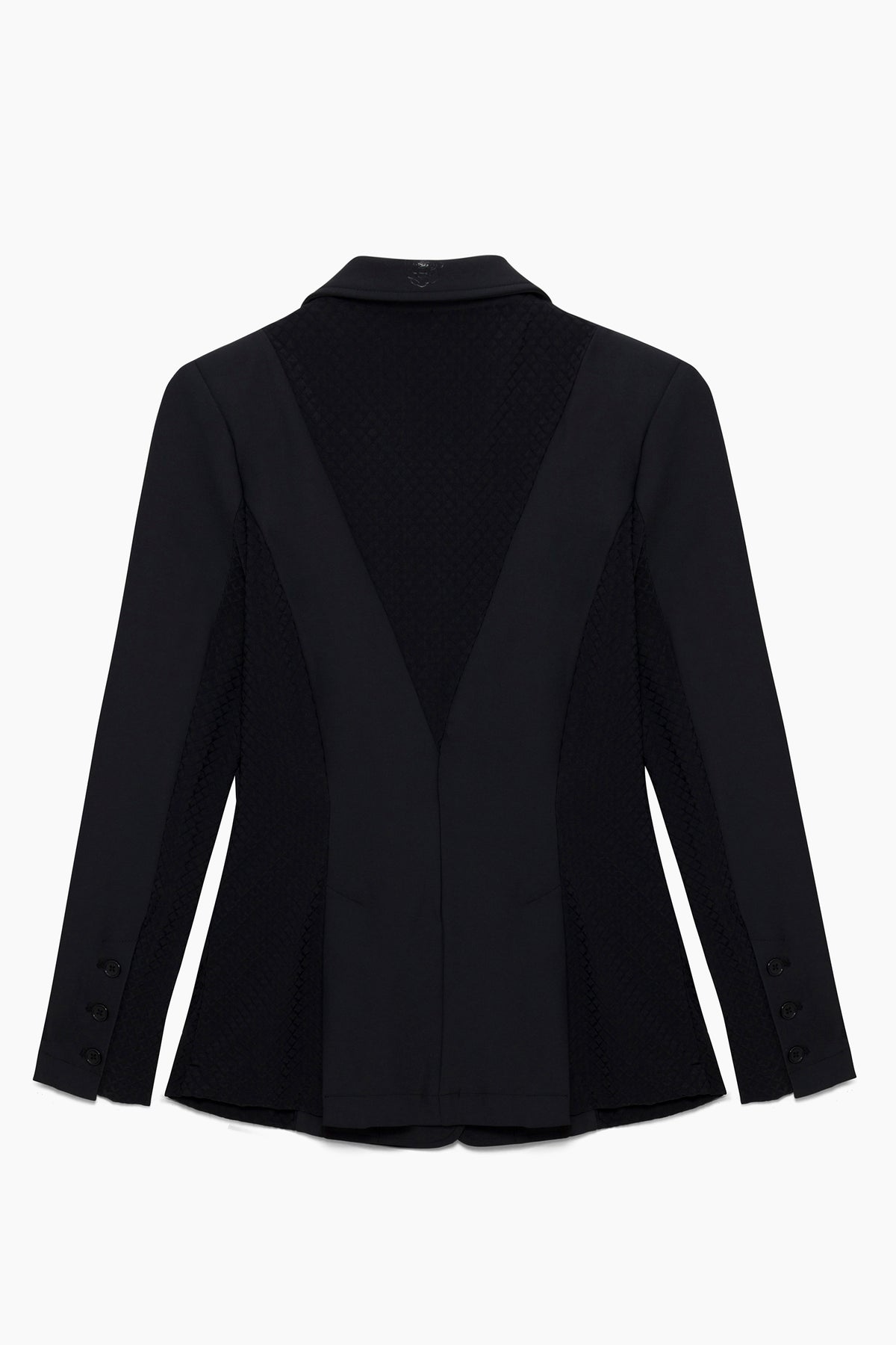 Hannah Childs Classica Mesh show coat in Pitch Black with mesh paneling