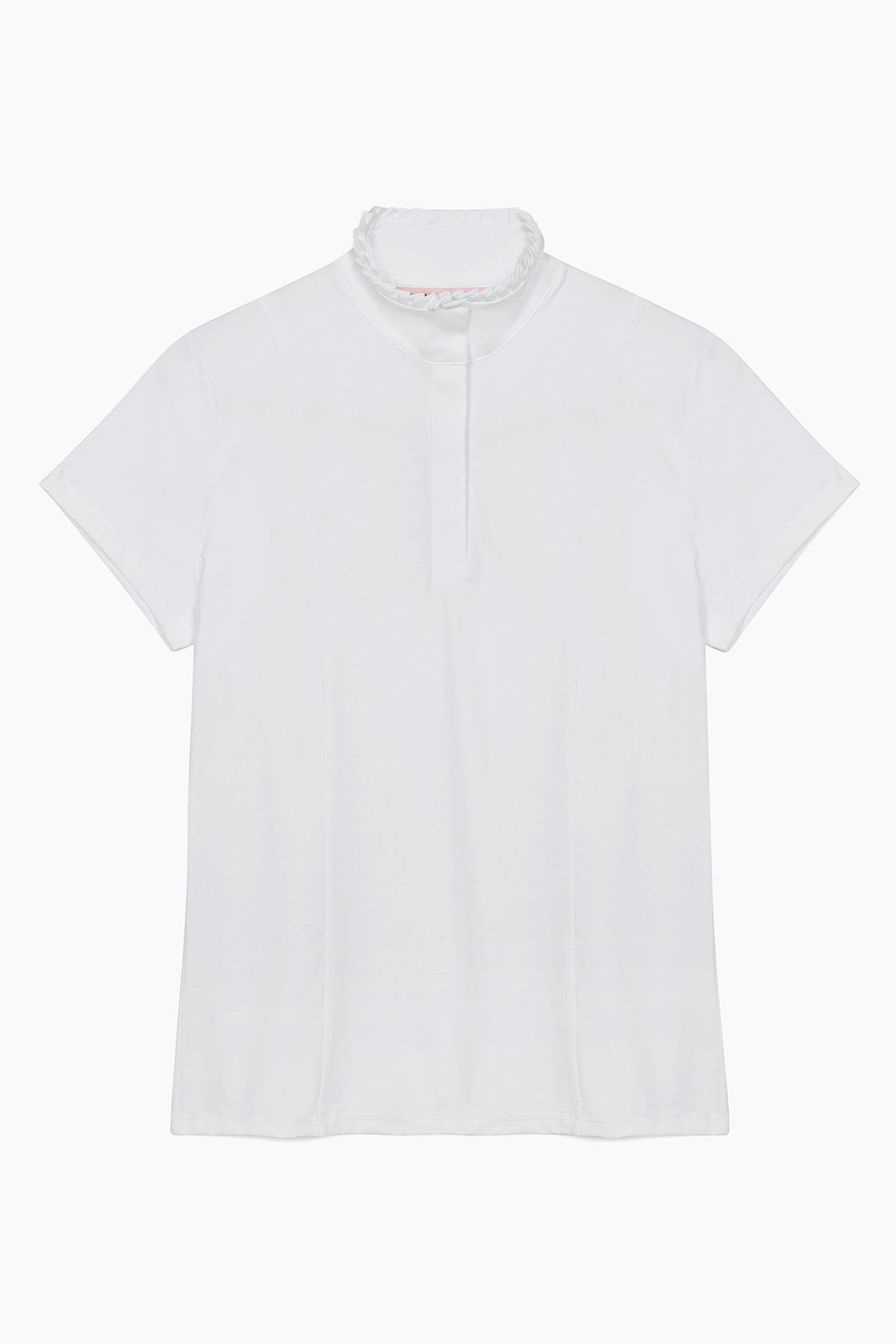 A white short-sleeve polo shirt with a high mock neck and a decorative ruffled trim at the collar, shown flat against a light gray background.