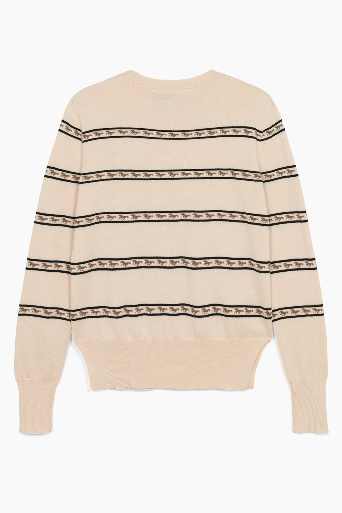 Hannah Childs Adi running horses crew neck sweater in Biscotti with striped horse motif