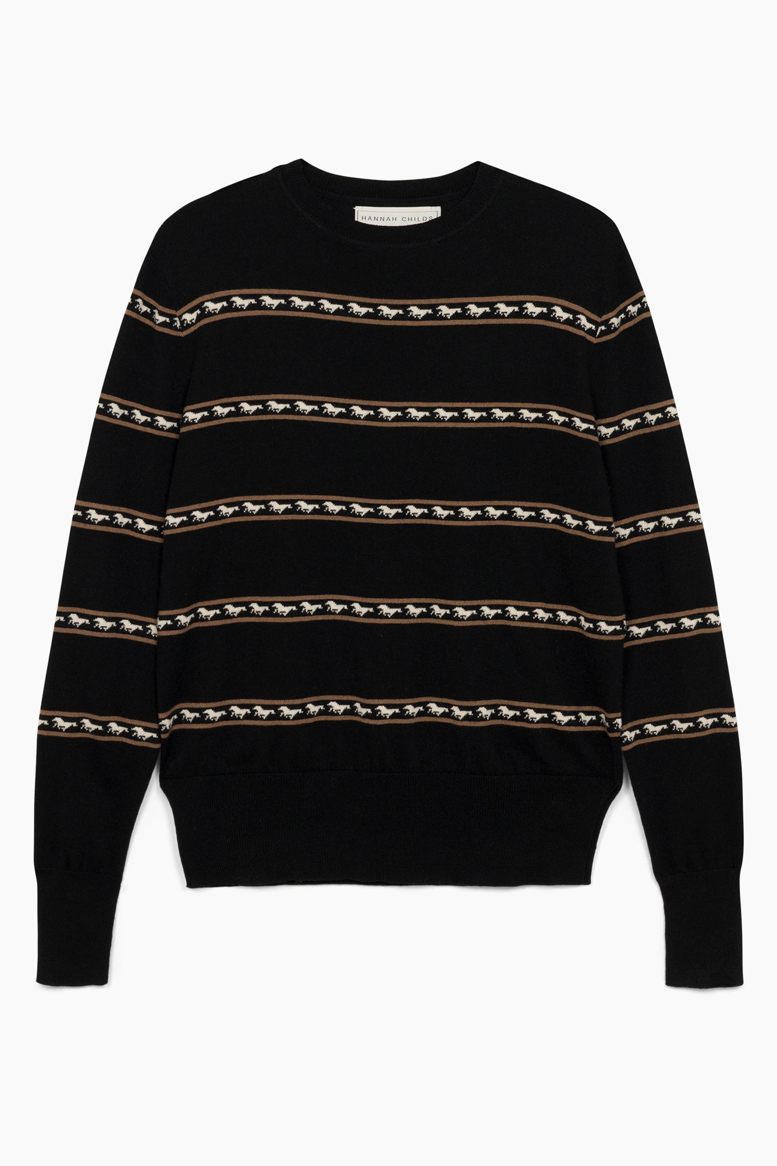 Hannah Childs Adi running horses crew neck sweater in Pitch Black with striped horse motif