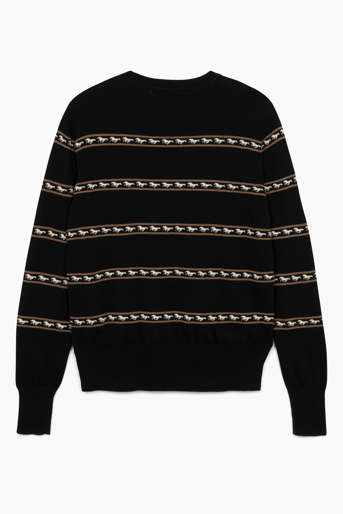Hannah Childs Adi running horses crew neck sweater in Pitch Black with striped horse motif
