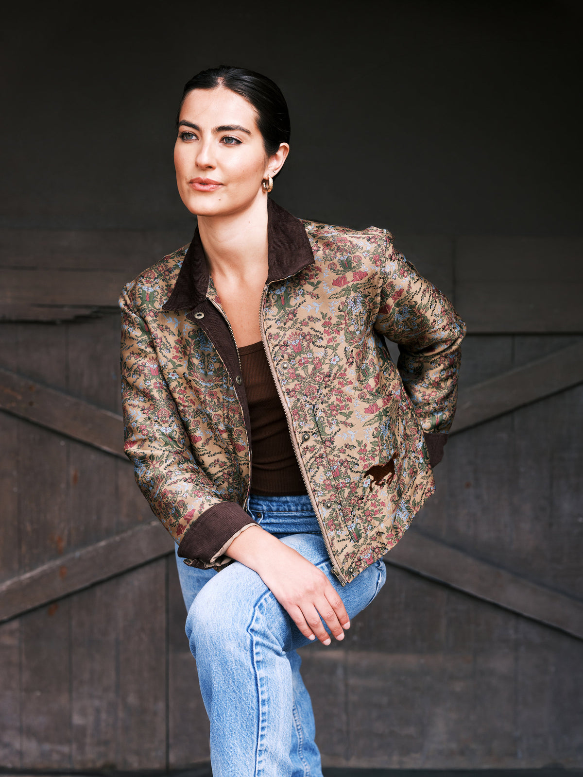Hannah Childs Maxine barn jacket in Floral Brocade silk jacquard