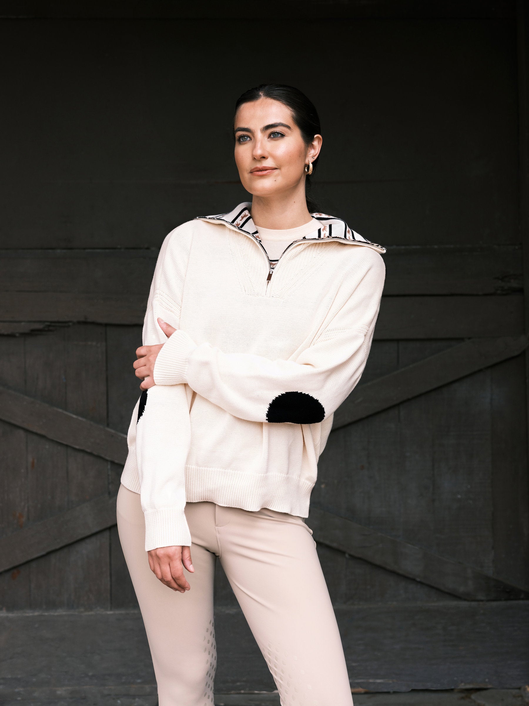 Hannah Childs Quinn 1/2 zip sweater in Biscotti with standing collar