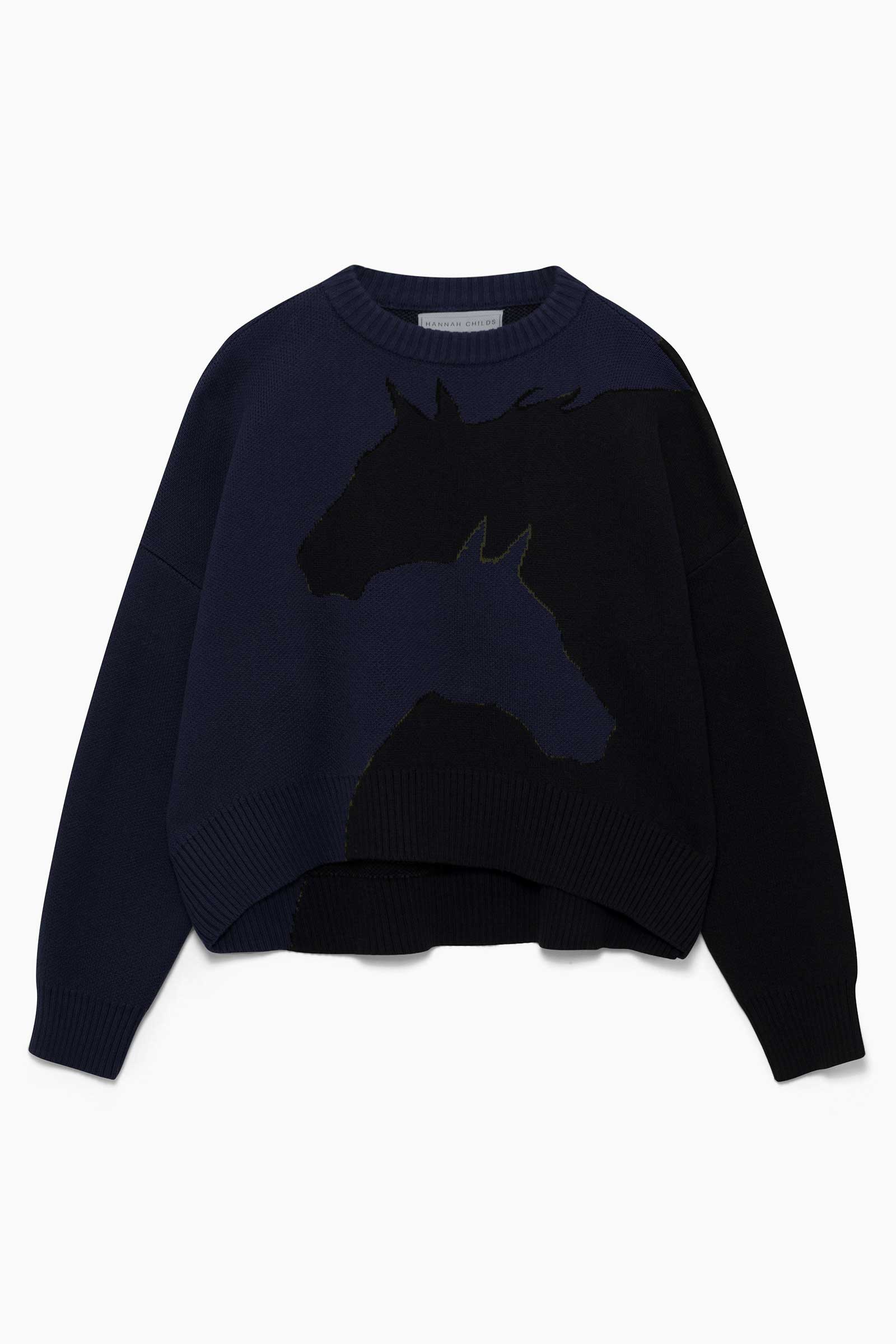 Hannah Childs Harmony crew neck sweater in Dark Navy/ Black with mirrored horsehead design