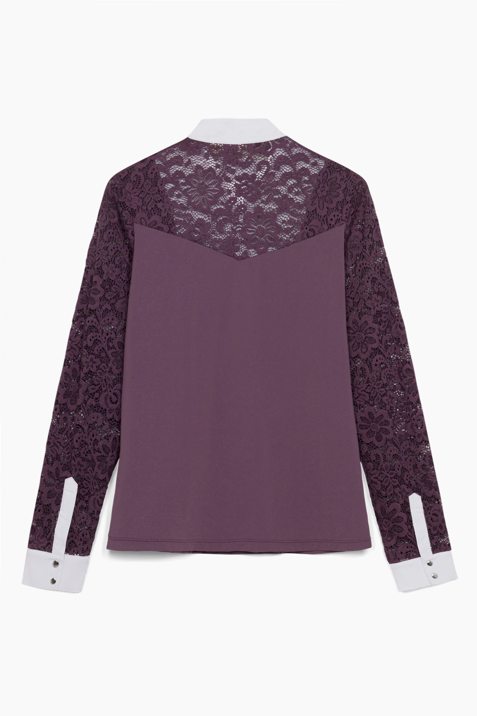 Hannah Childs Luna Lace long sleeve show shirt in Plum Wine with floral lace yoke
