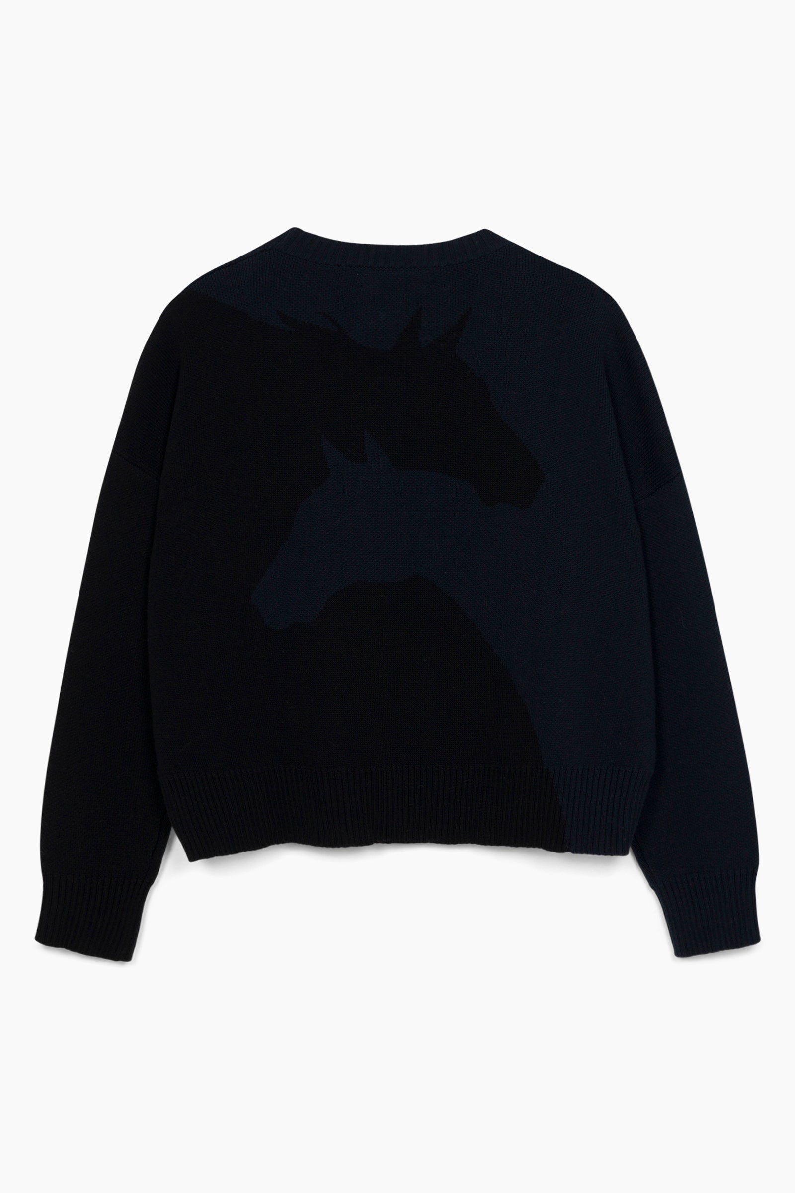 Hannah Childs Harmony crew neck sweater in Dark Navy/ Black with mirrored horsehead design