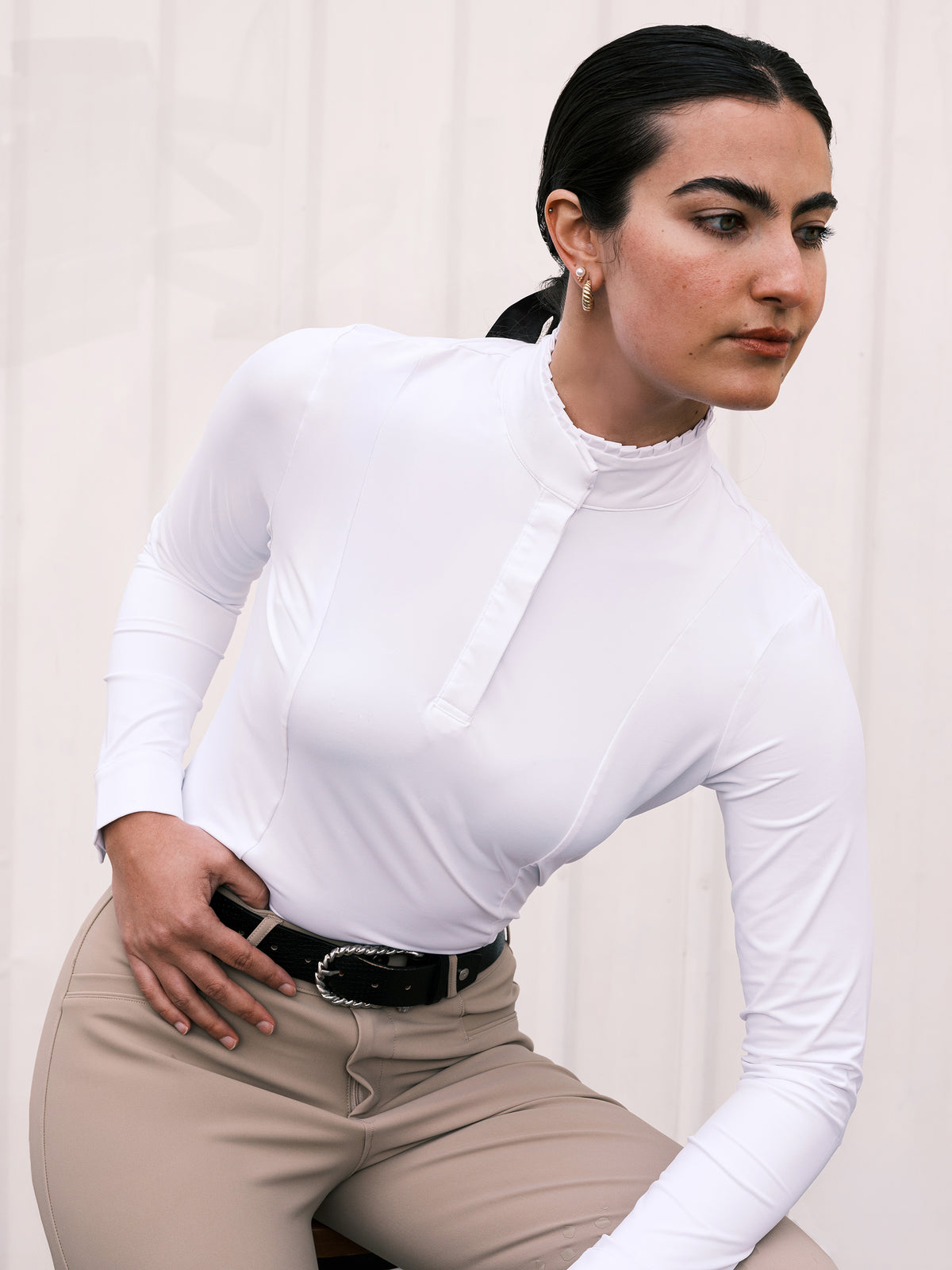 Hannah Childs Shelby long sleeve show shirt in White with ruffle collar