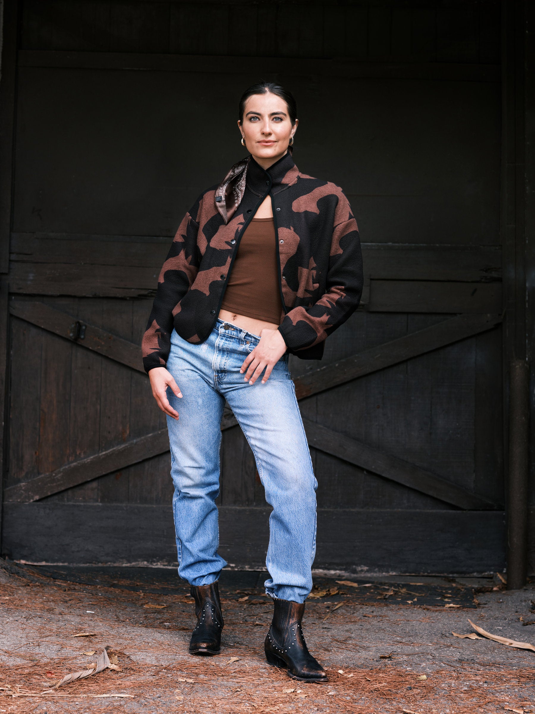 Hannah Childs Allegra fleece in Horse Head Camo, abstract camo print with hidden horse heads