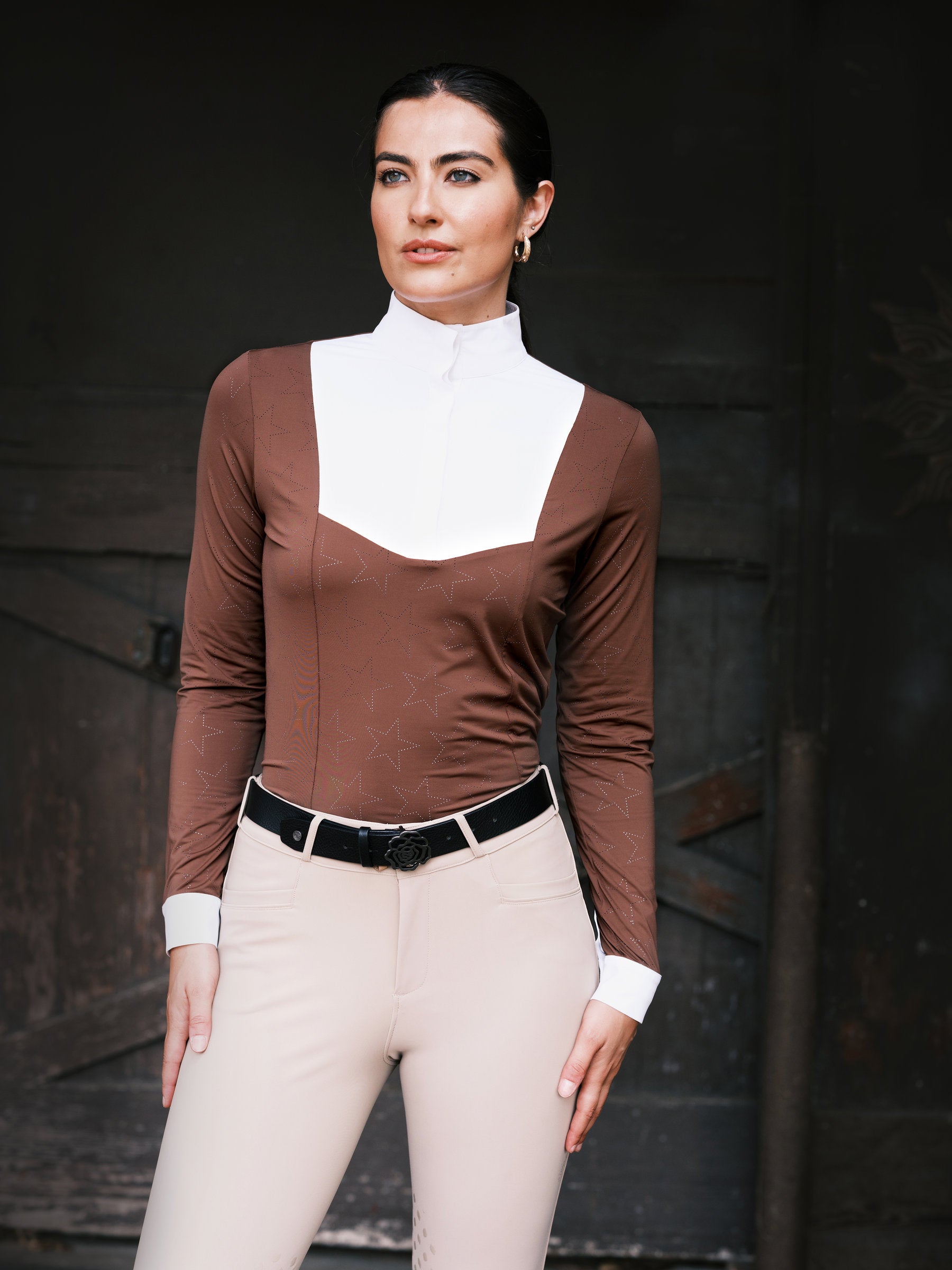 Hannah Childs Luna Star long sleeve show shirt in Cappuccino with perforated star pattern