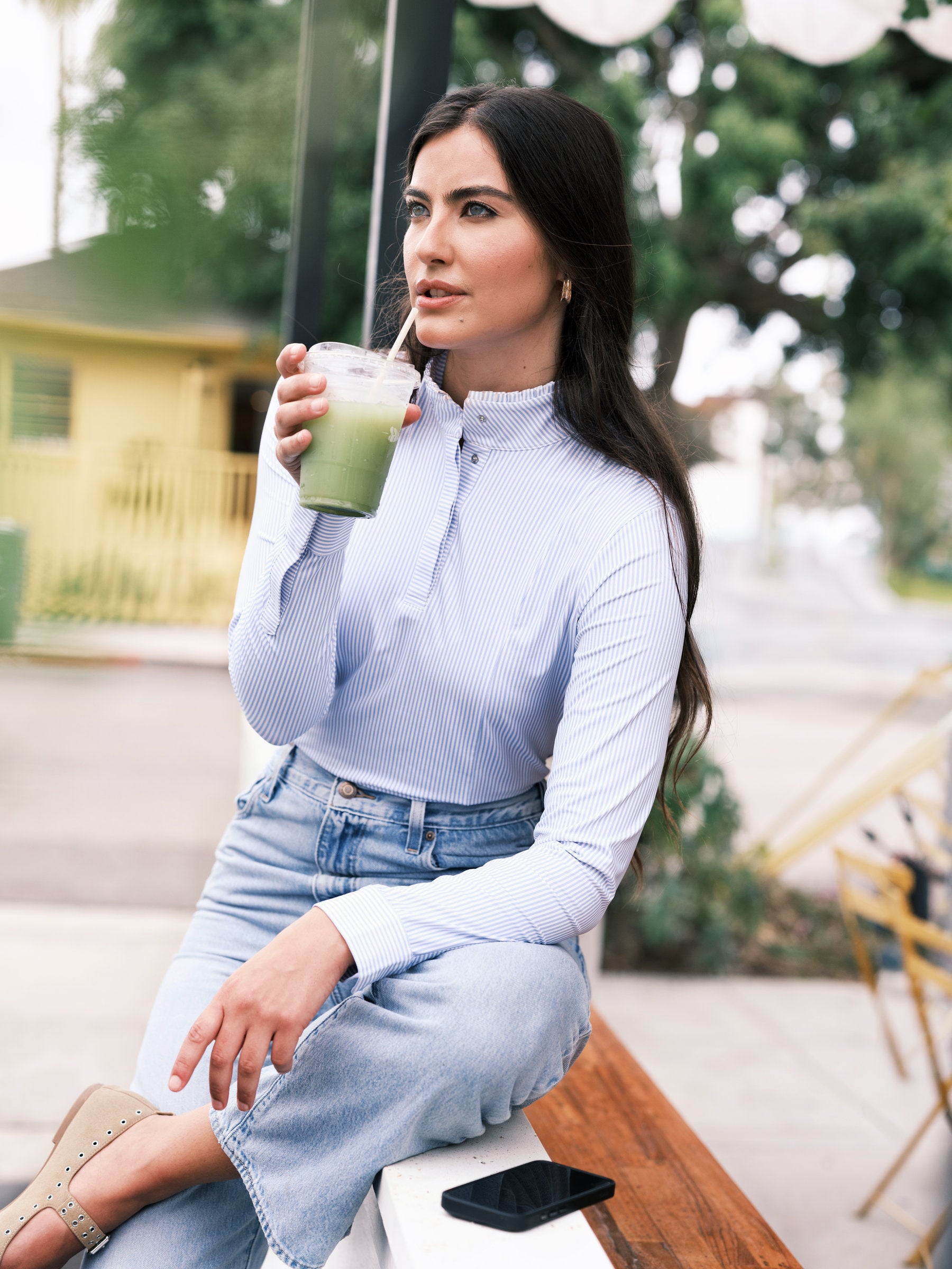 Hannah Childs Shelby 2.0 pinstripe long sleeve show shirt in French Blue Stripe